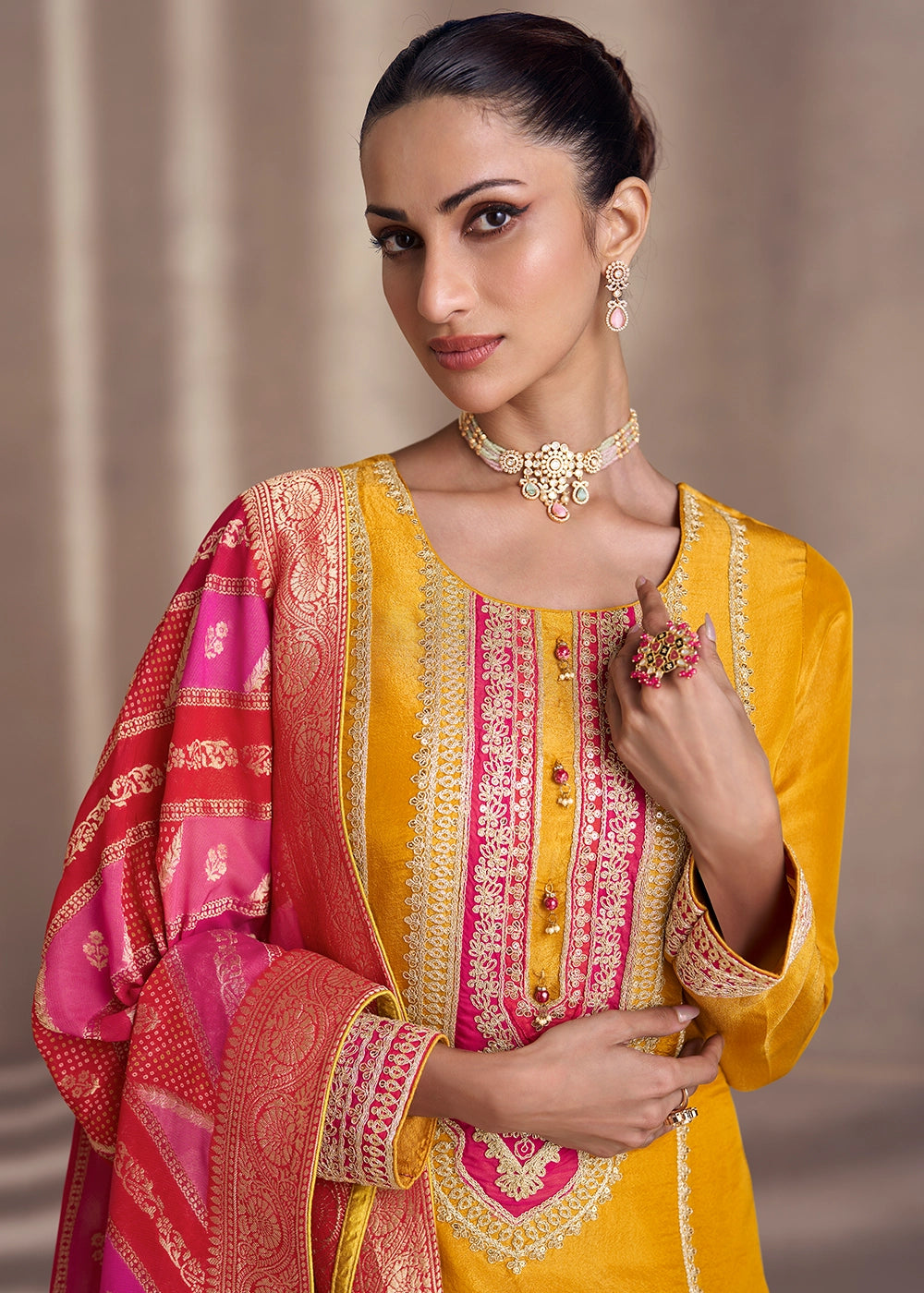 Saffron Yellow Simar Silk Suit with Exquisite Embroidery