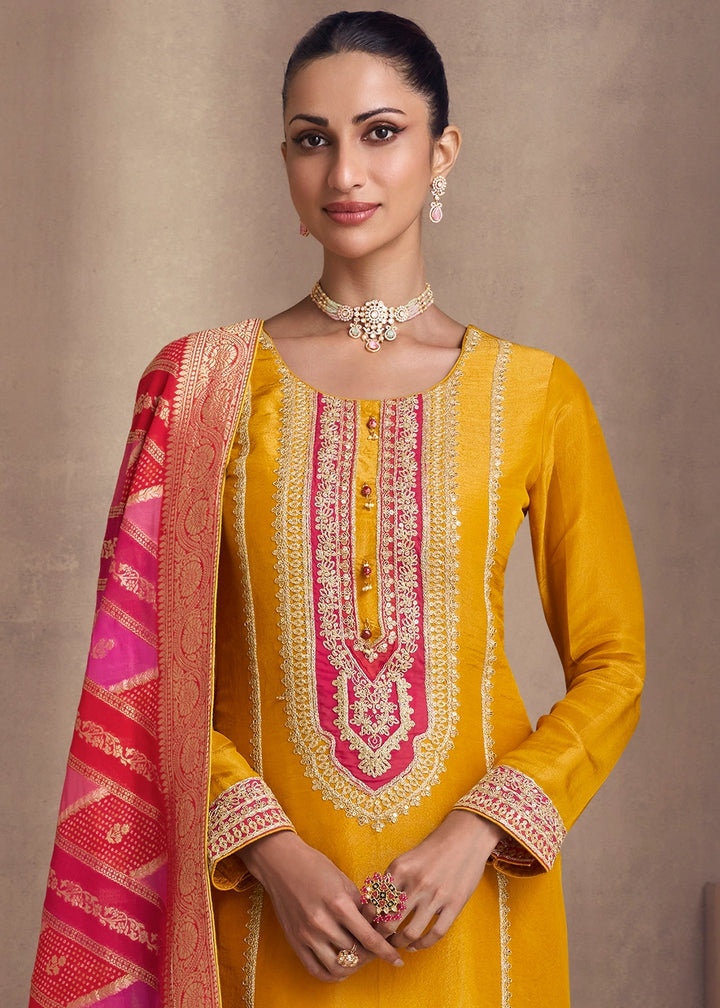 Saffron Yellow Simar Silk Suit with Exquisite Embroidery