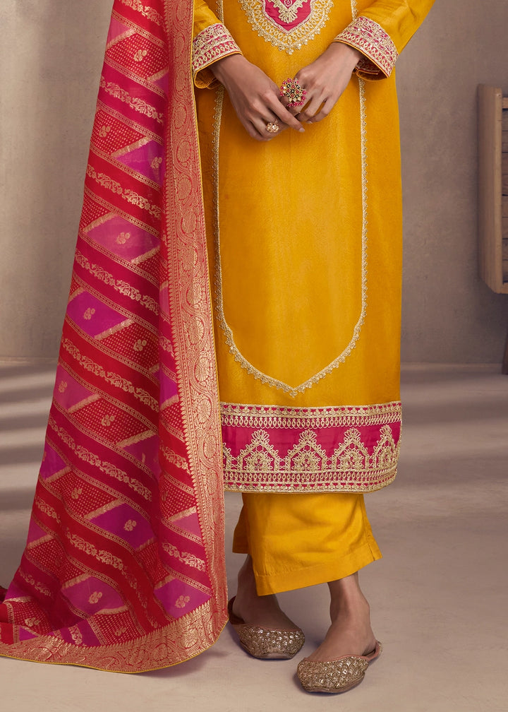 Saffron Yellow Simar Silk Suit with Exquisite Embroidery