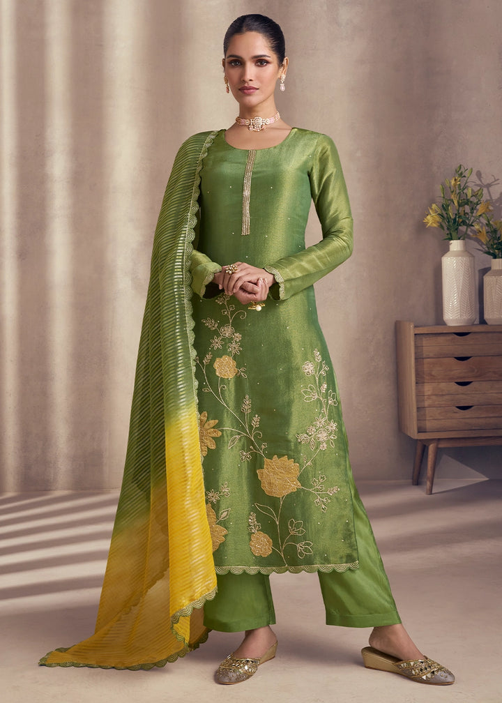 Fern Green Simar Silk Suit with Exquisite Embroidery