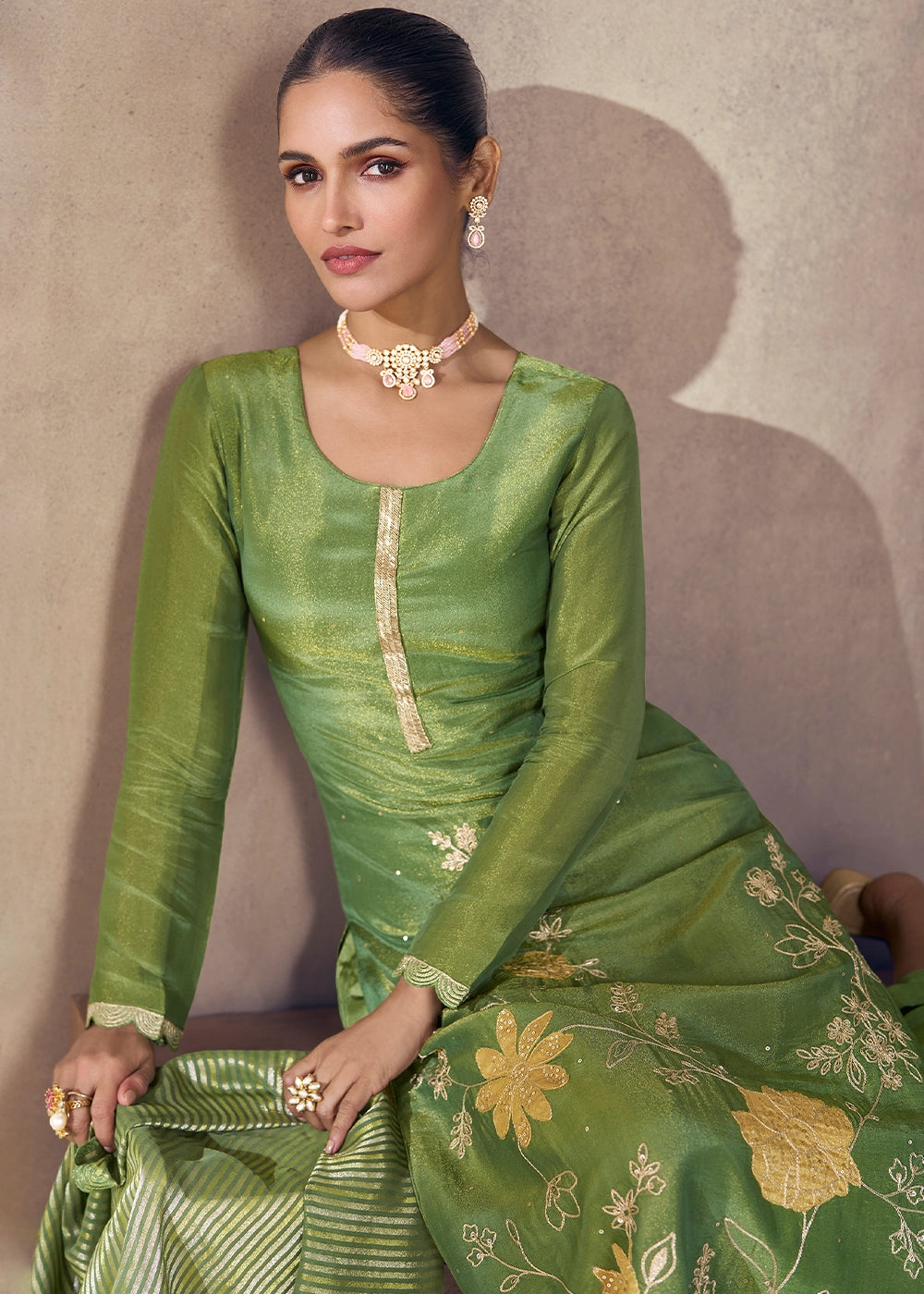 Fern Green Simar Silk Suit with Exquisite Embroidery