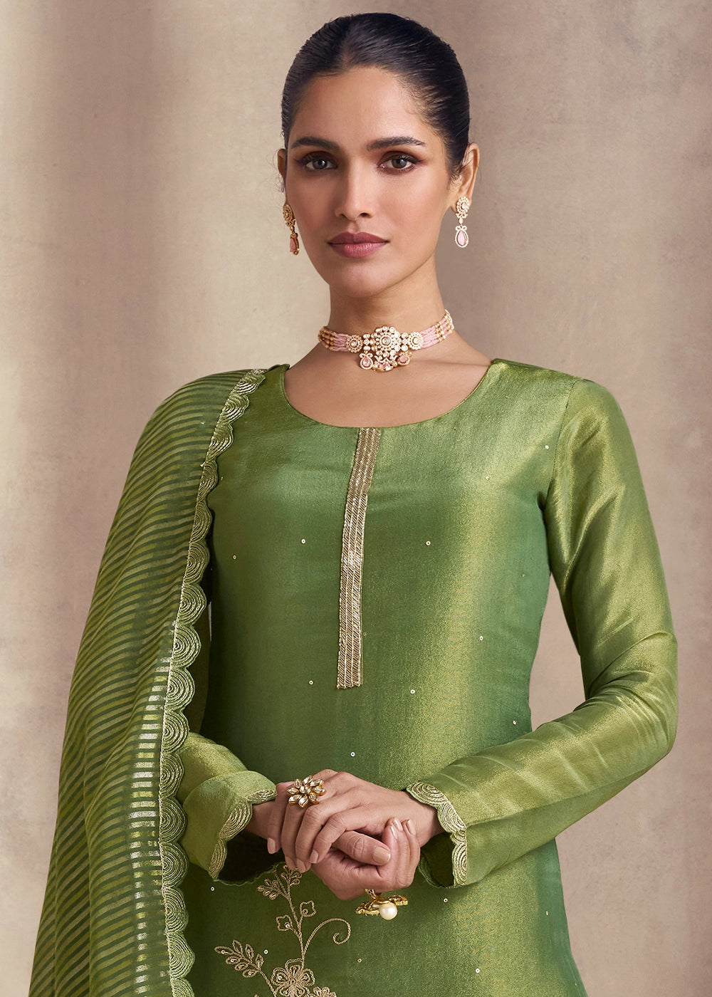 Fern Green Simar Silk Suit with Exquisite Embroidery