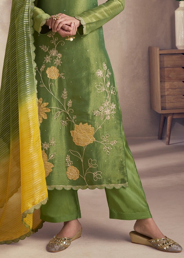 Fern Green Simar Silk Suit with Exquisite Embroidery