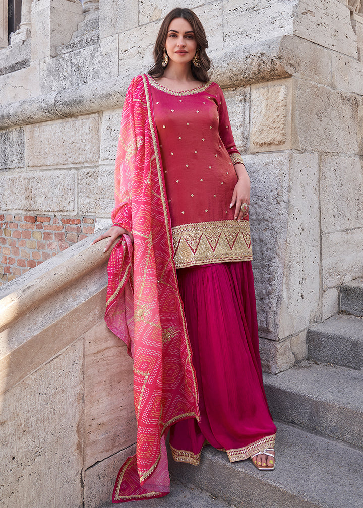 Magenta Pink Silk Palazzo Suit Set with Embroidery and Bandhani Dupatta