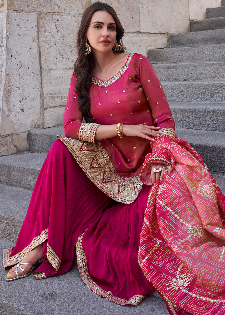 Magenta Pink Silk Palazzo Suit Set with Embroidery and Bandhani Dupatta