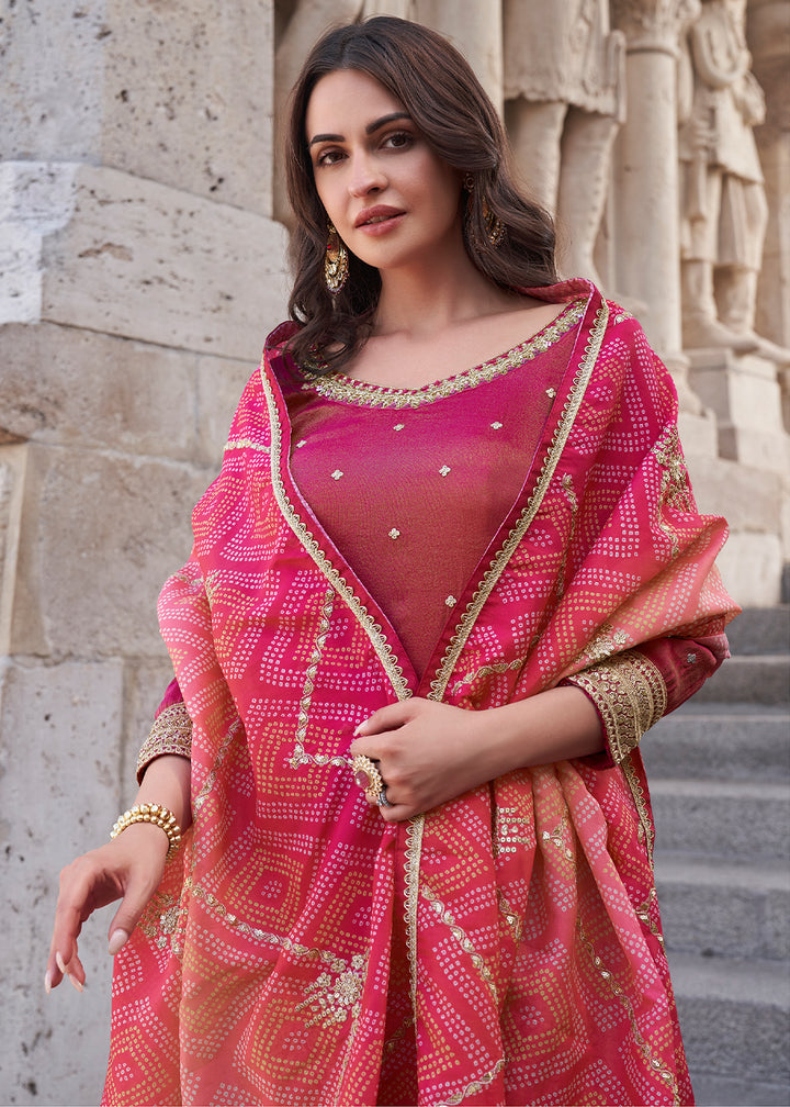 Magenta Pink Silk Palazzo Suit Set with Embroidery and Bandhani Dupatta