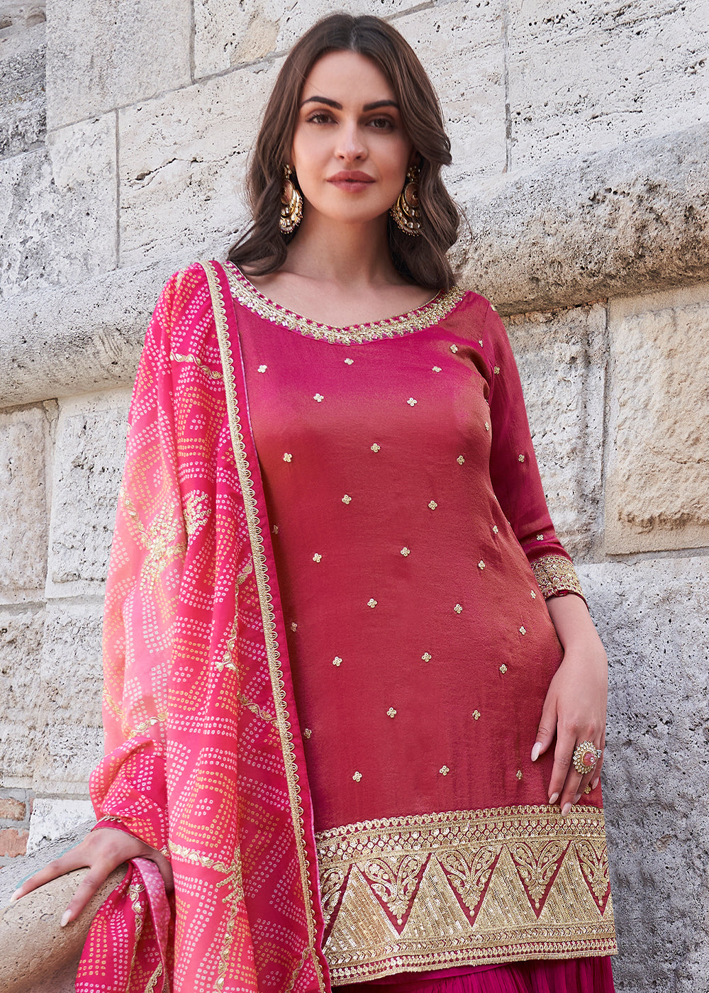 Magenta Pink Silk Palazzo Suit Set with Embroidery and Bandhani Dupatta