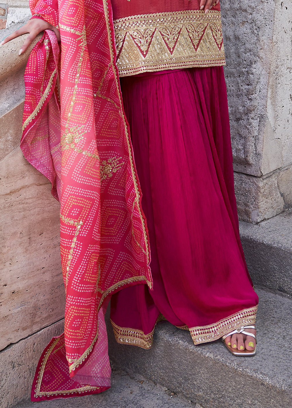 Magenta Pink Silk Palazzo Suit Set with Embroidery and Bandhani Dupatta