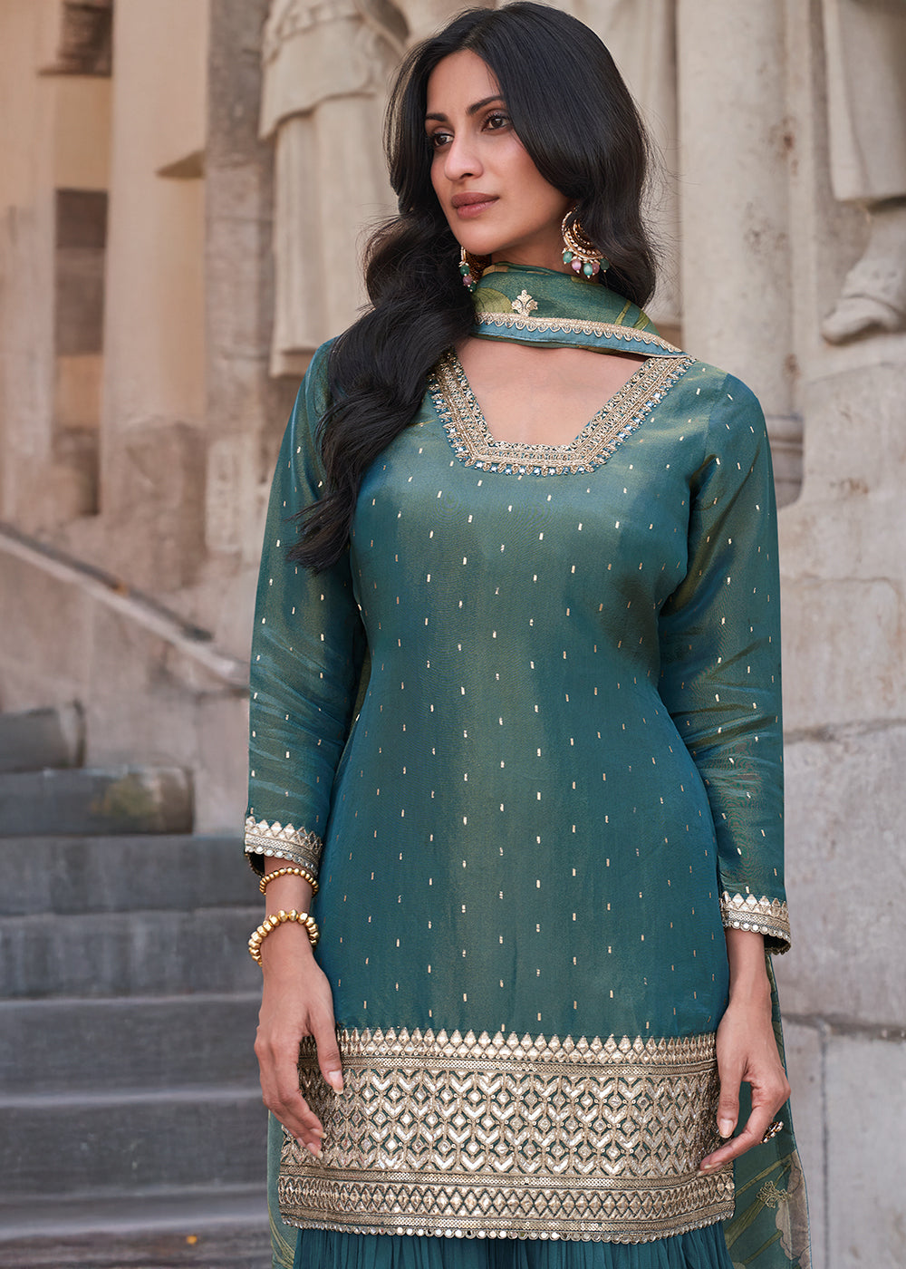 Shades Of Blue Silk Palazzo Suit Set with Embroidery and Floral Dupatta