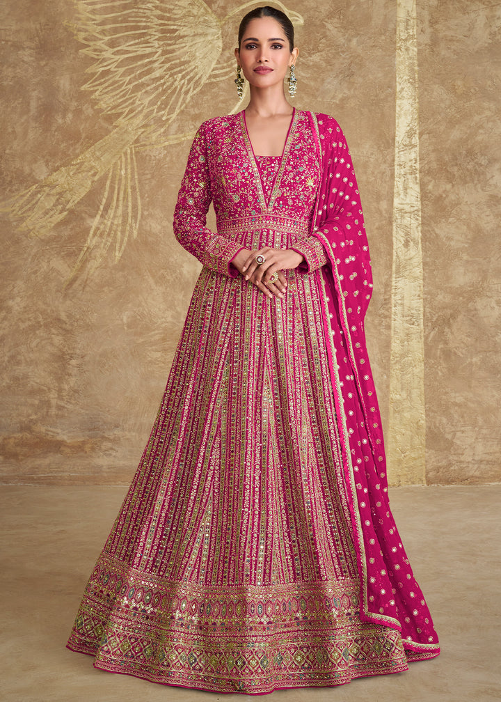 Magenta Pink Georgette Anarkali Gown with All-Over Embroidery