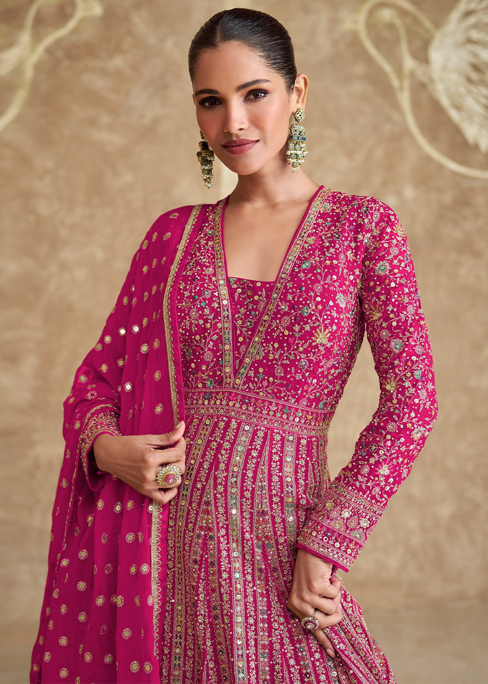 Magenta Pink Georgette Anarkali Gown with All-Over Embroidery