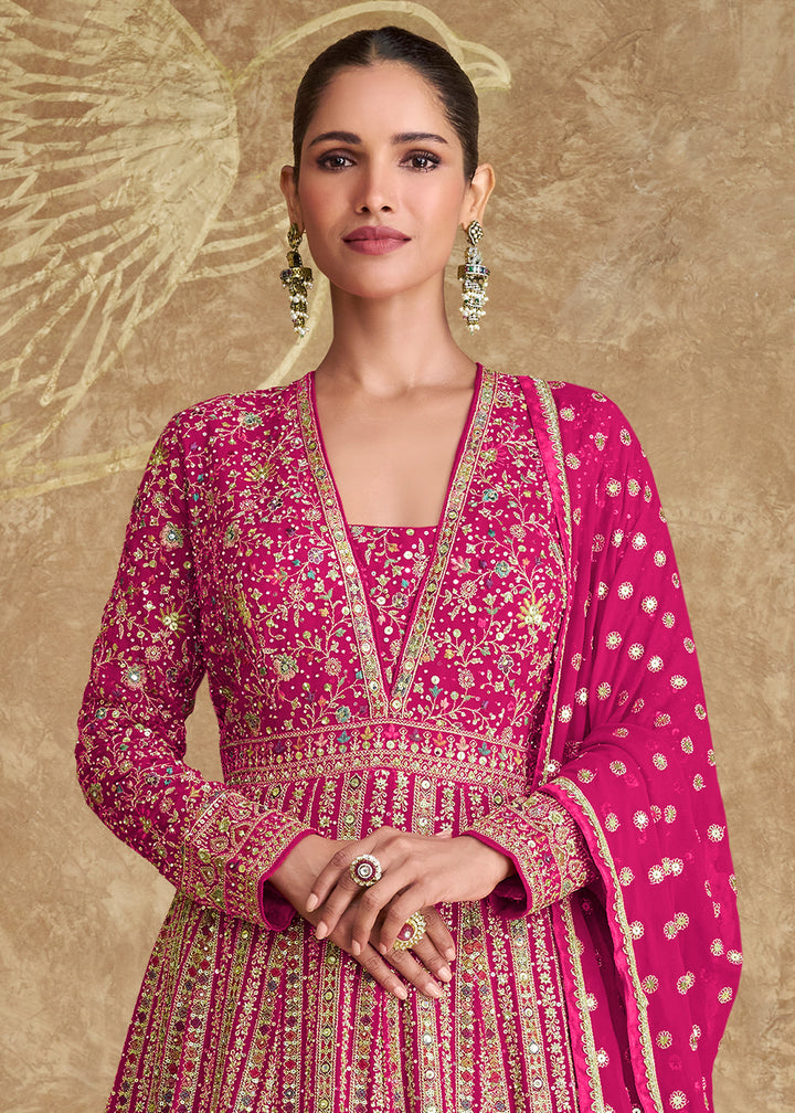 Magenta Pink Georgette Anarkali Gown with All-Over Embroidery