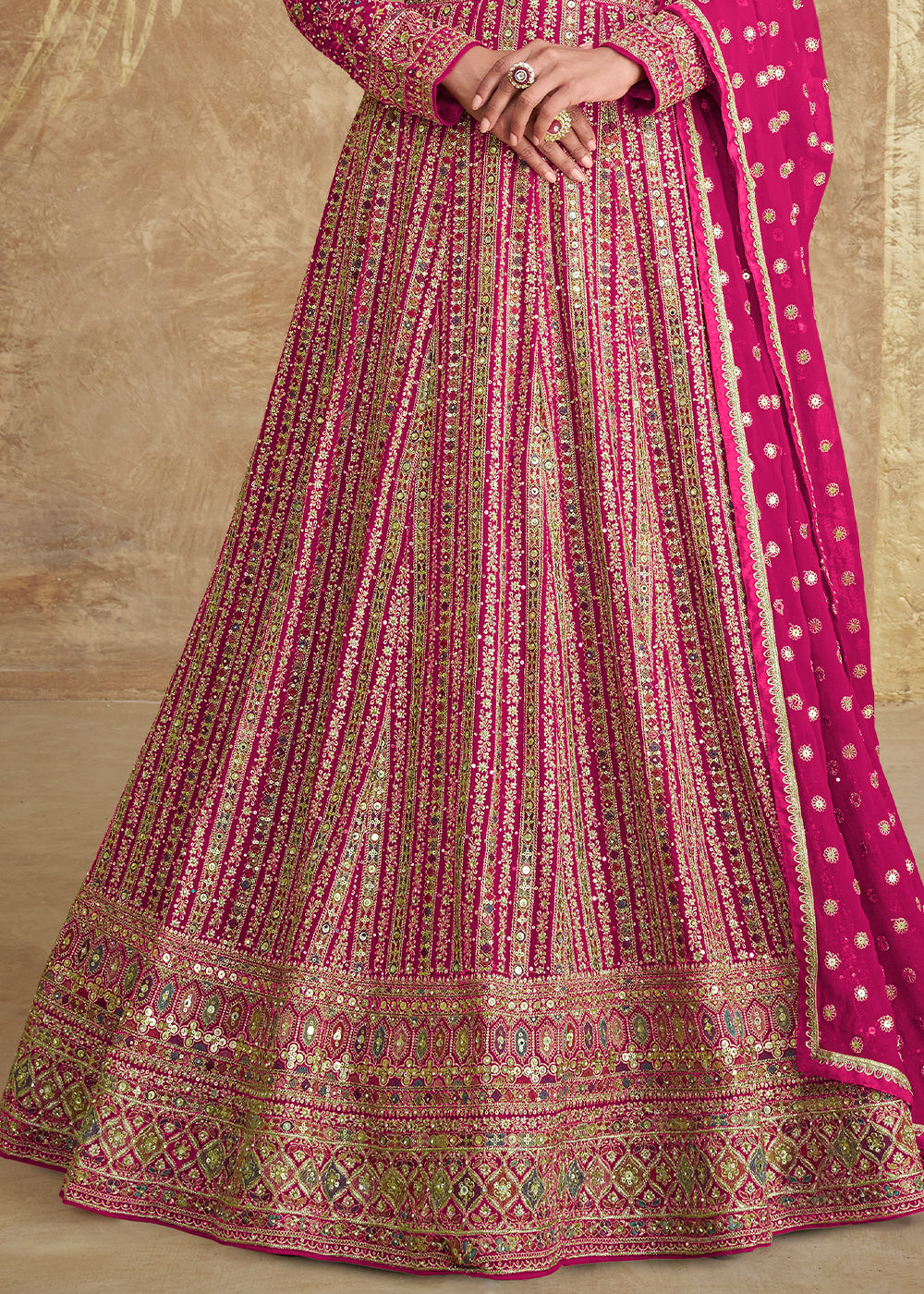 Magenta Pink Georgette Anarkali Gown with All-Over Embroidery