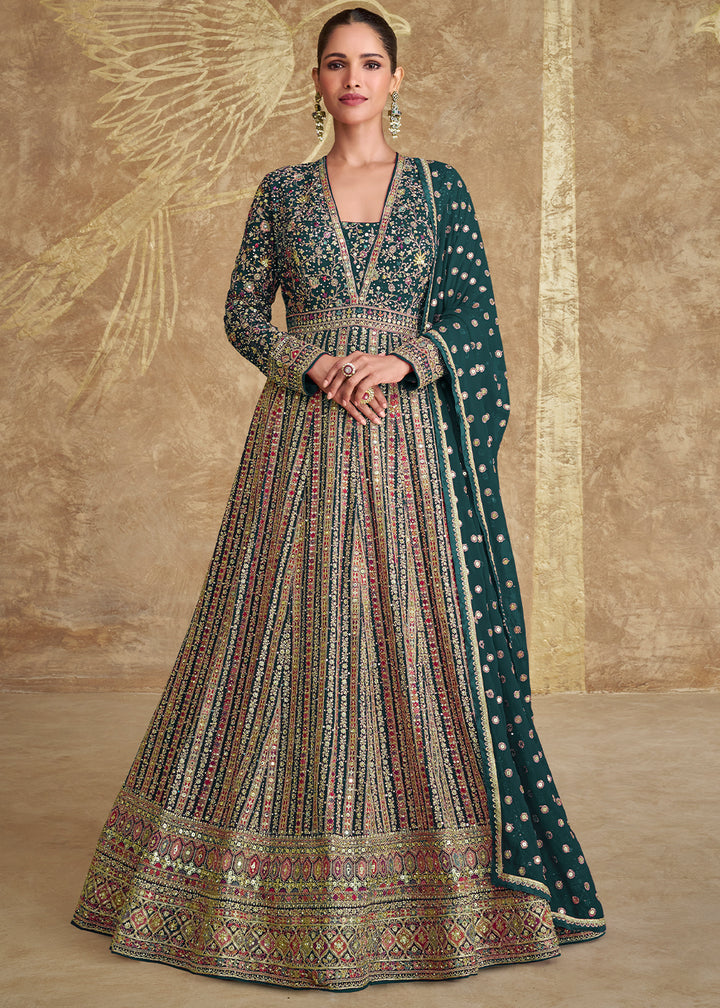 Opal Green Georgette Anarkali Gown with All-Over Embroidery