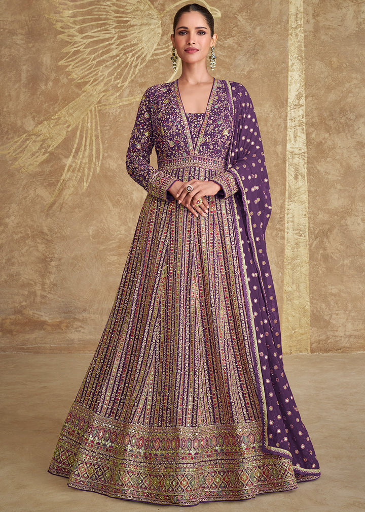 Royal Purple Georgette Anarkali Gown with All-Over Embroidery