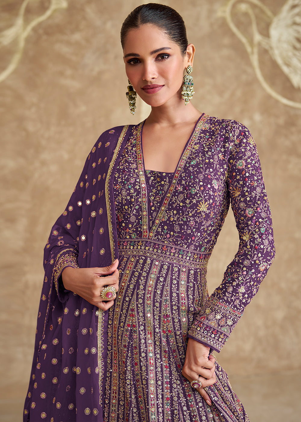 Royal Purple Georgette Anarkali Gown with All-Over Embroidery