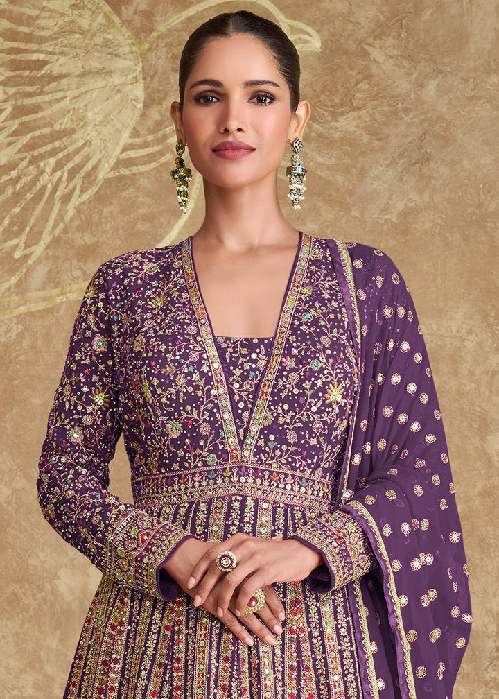 Royal Purple Georgette Anarkali Gown with All-Over Embroidery