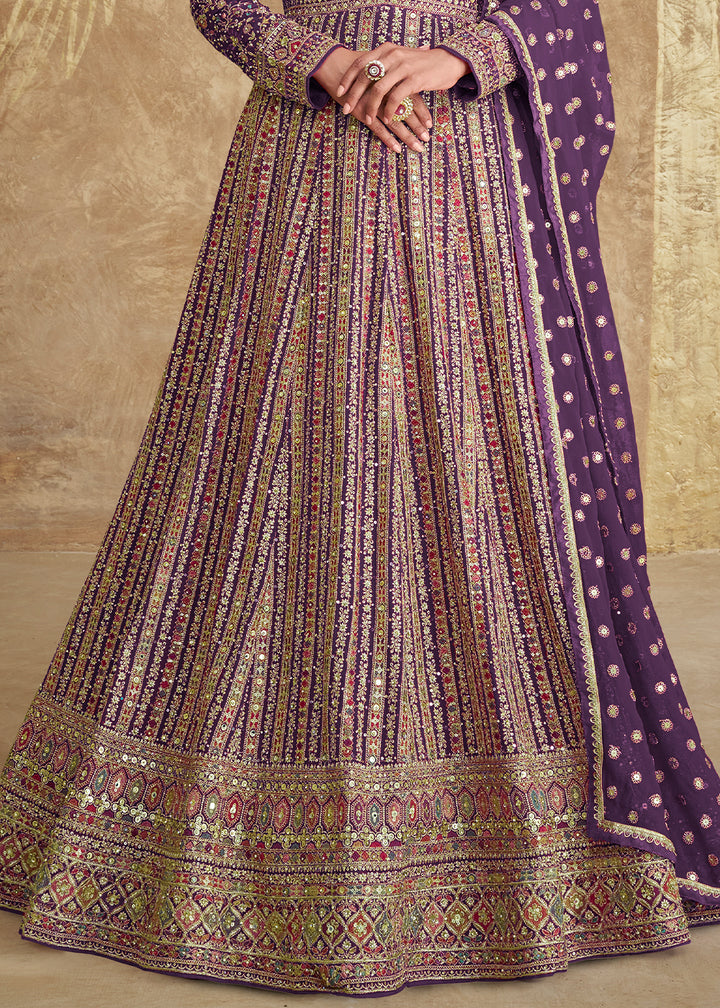 Royal Purple Georgette Anarkali Gown with All-Over Embroidery