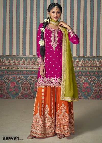 Pink & Orange Chinon Silk Palazzo Suit with Allover Embroidery & Green Dupatta