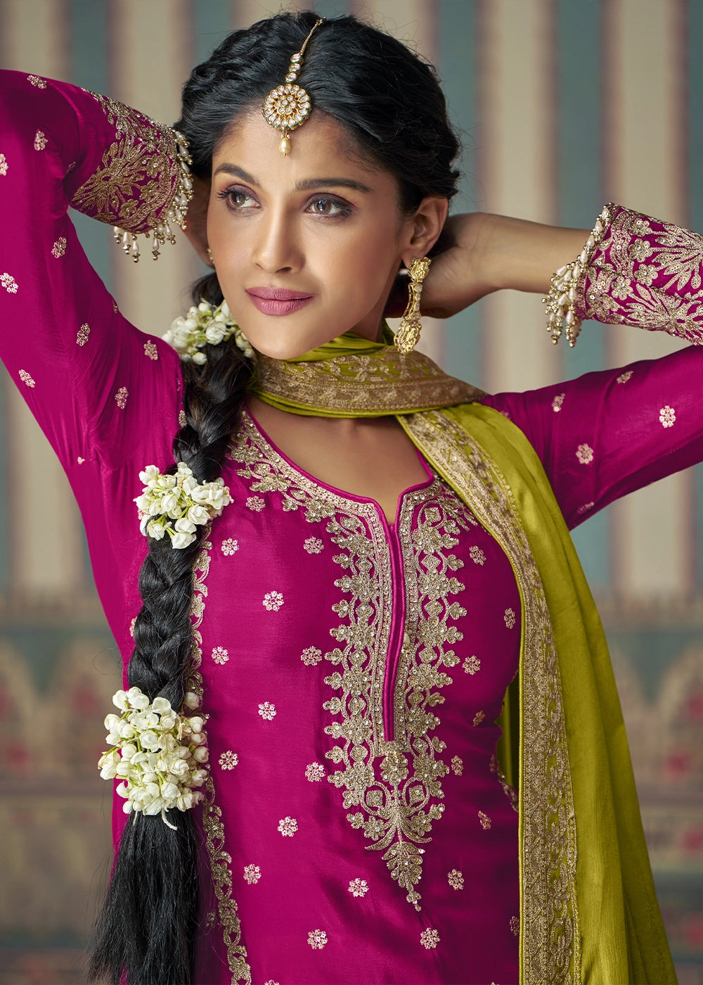 Pink & Orange Chinon Silk Palazzo Suit with Allover Embroidery & Green Dupatta