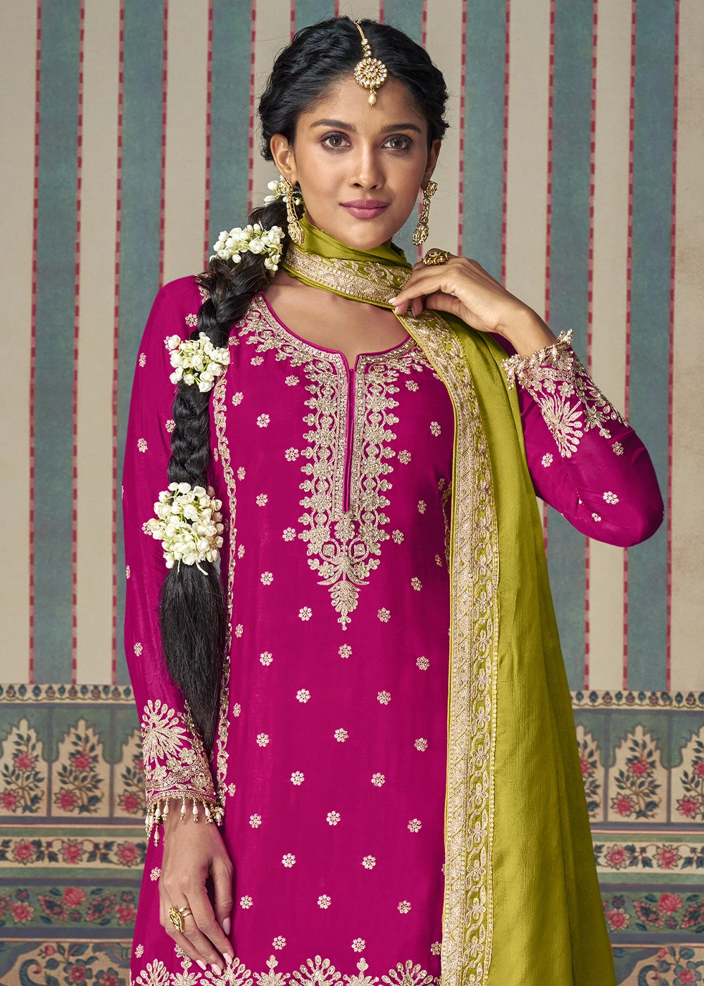 Pink & Orange Chinon Silk Palazzo Suit with Allover Embroidery & Green Dupatta