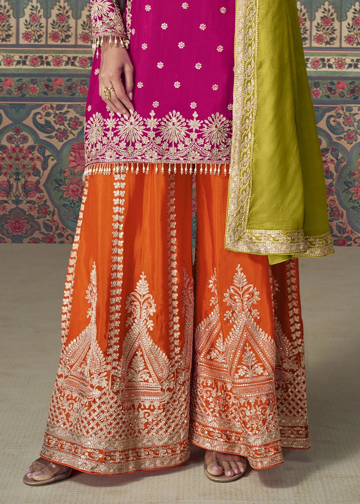 Pink & Orange Chinon Silk Palazzo Suit with Allover Embroidery & Green Dupatta