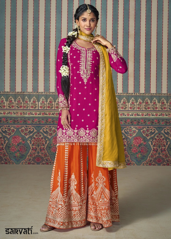 Pink & Orange Chinon Silk Palazzo Suit with Allover Embroidery & Yellow Dupatta
