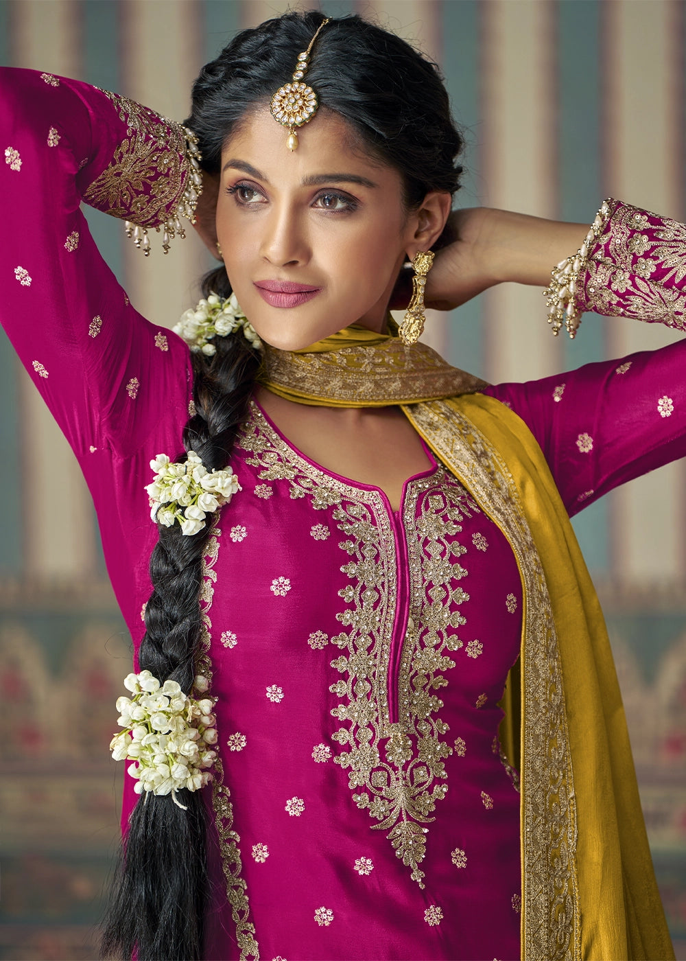 Pink & Orange Chinon Silk Palazzo Suit with Allover Embroidery & Yellow Dupatta