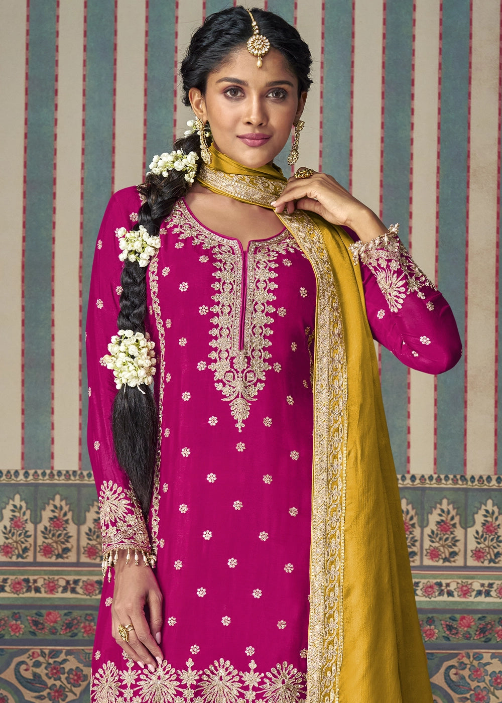 Pink & Orange Chinon Silk Palazzo Suit with Allover Embroidery & Yellow Dupatta