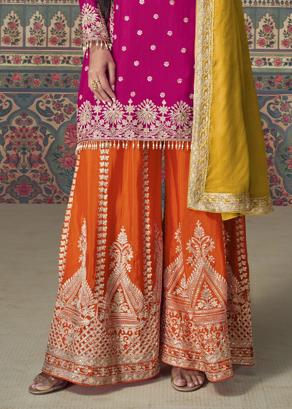 Pink & Orange Chinon Silk Palazzo Suit with Allover Embroidery & Yellow Dupatta