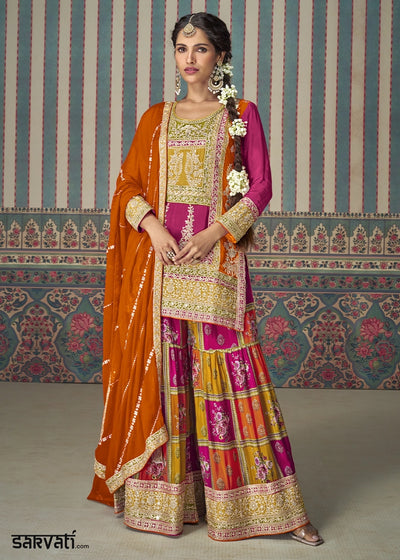 Magenta Pink Chinon Silk Palazzo Suit with Allover Embroidery & Orange Dupatta