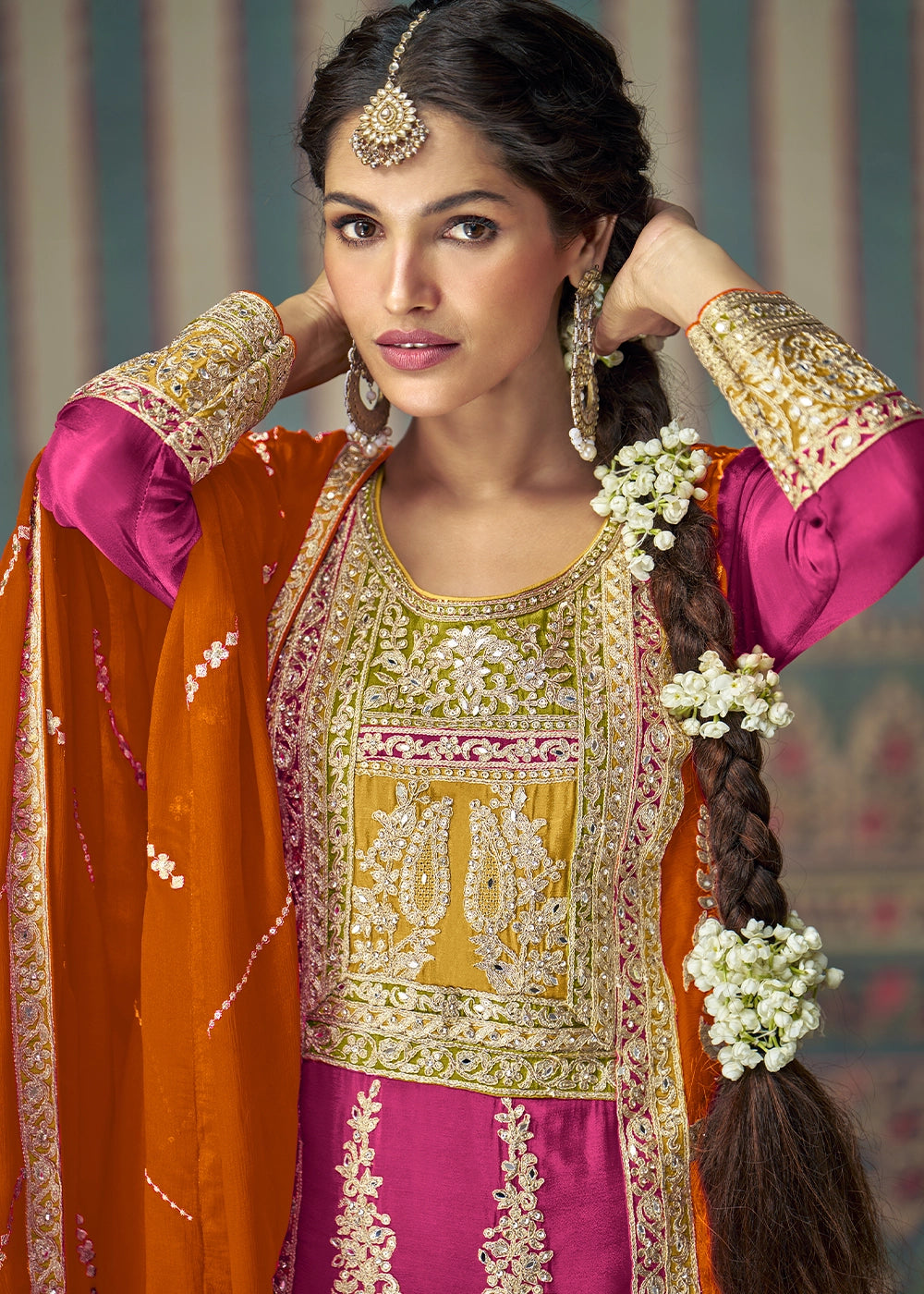 Magenta Pink Chinon Silk Palazzo Suit with Allover Embroidery & Orange Dupatta