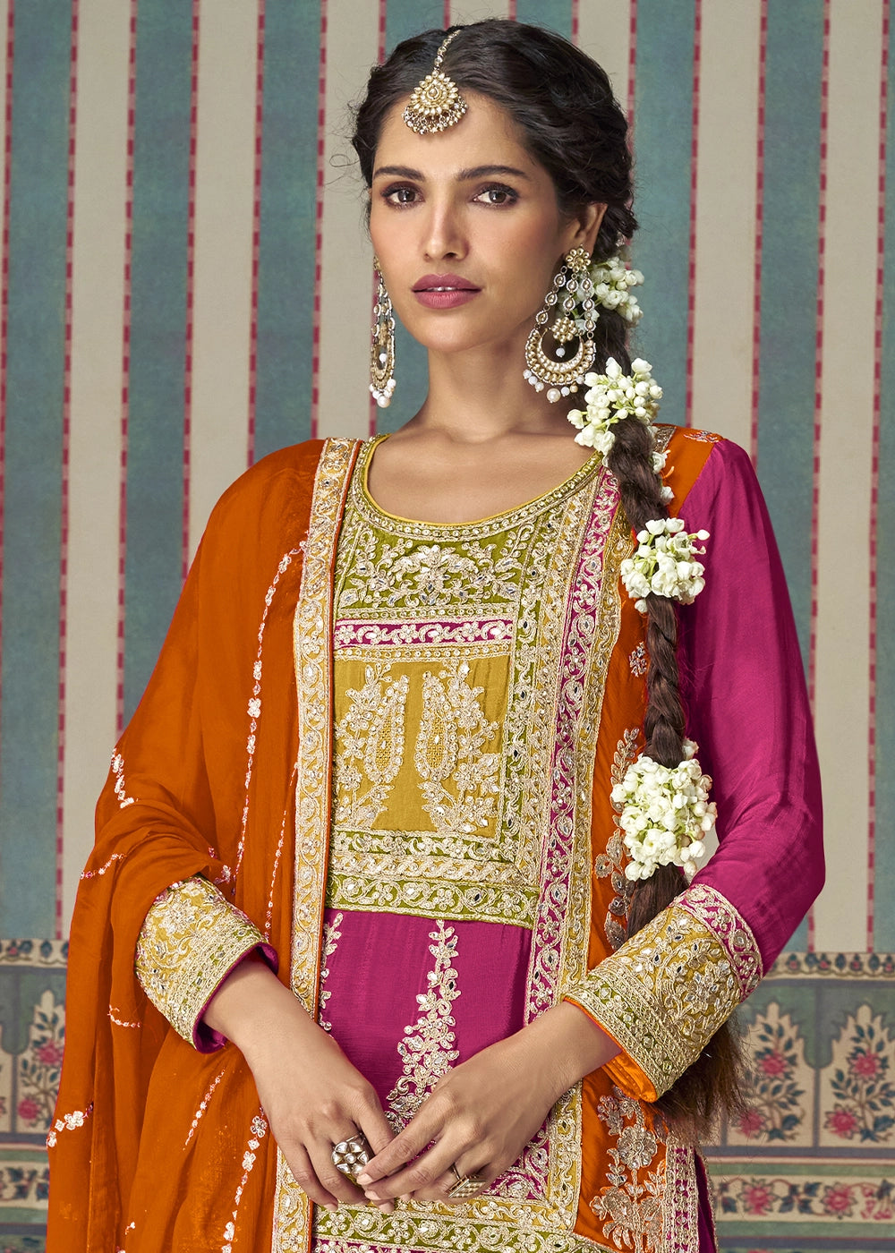 Magenta Pink Chinon Silk Palazzo Suit with Allover Embroidery & Orange Dupatta