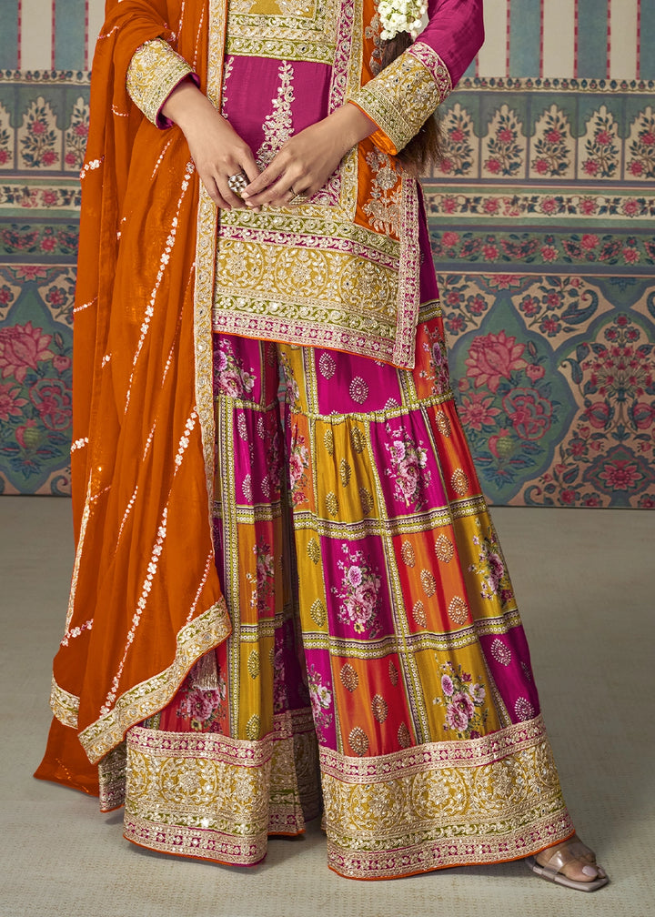 Magenta Pink Chinon Silk Palazzo Suit with Allover Embroidery & Orange Dupatta
