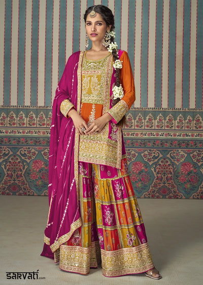 Fire Orange Chinon Silk Palazzo Suit with Allover Embroidery & Magenta Dupatta
