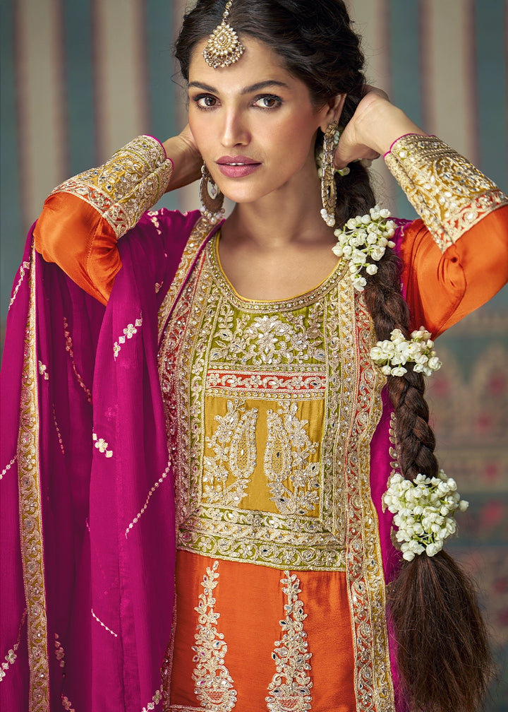 Fire Orange Chinon Silk Palazzo Suit with Allover Embroidery & Magenta Dupatta