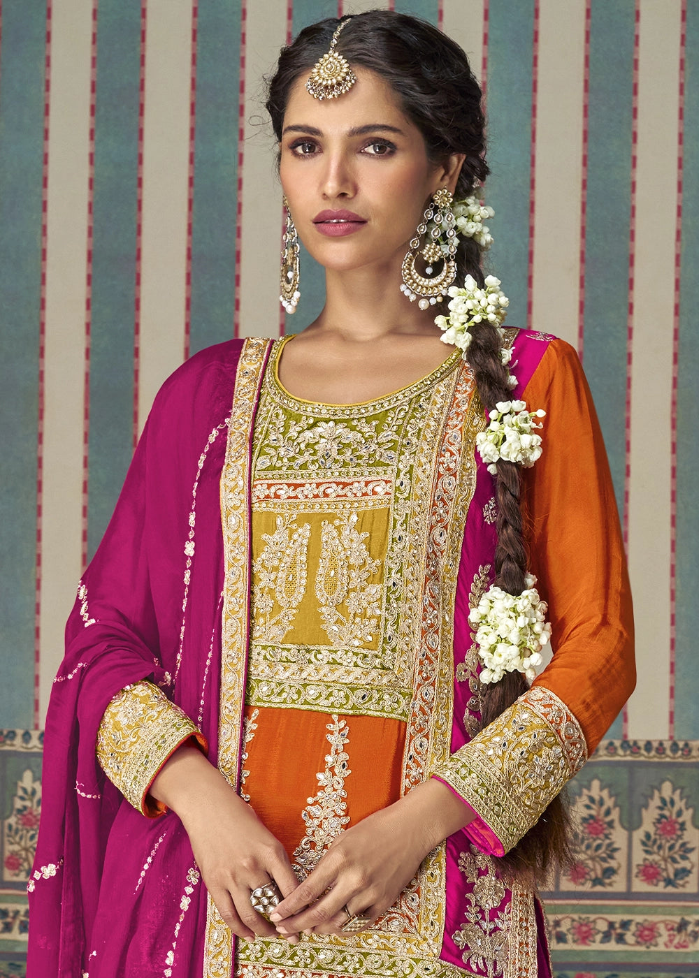 Fire Orange Chinon Silk Palazzo Suit with Allover Embroidery & Magenta Dupatta