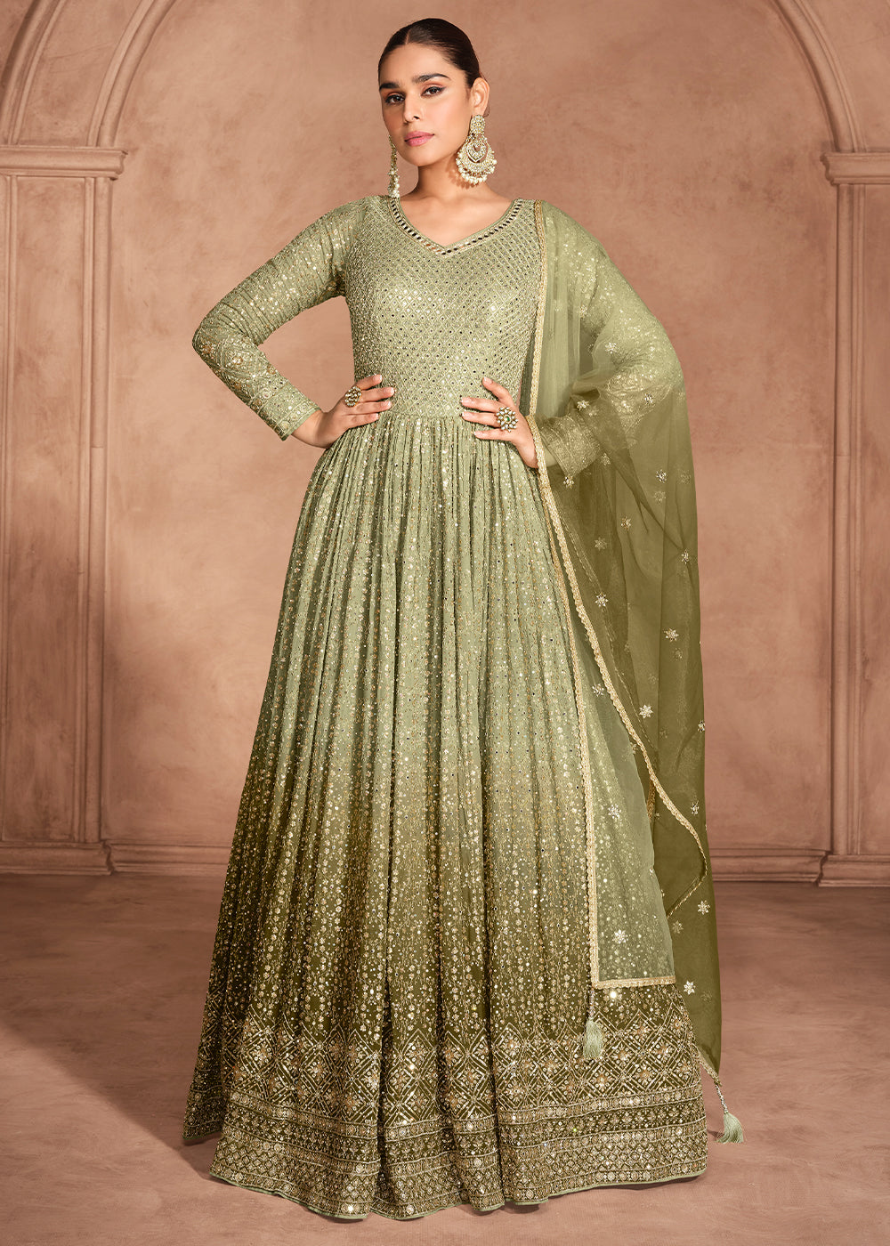 Stunning Shades of Green Anarkali Gown with Embroidery