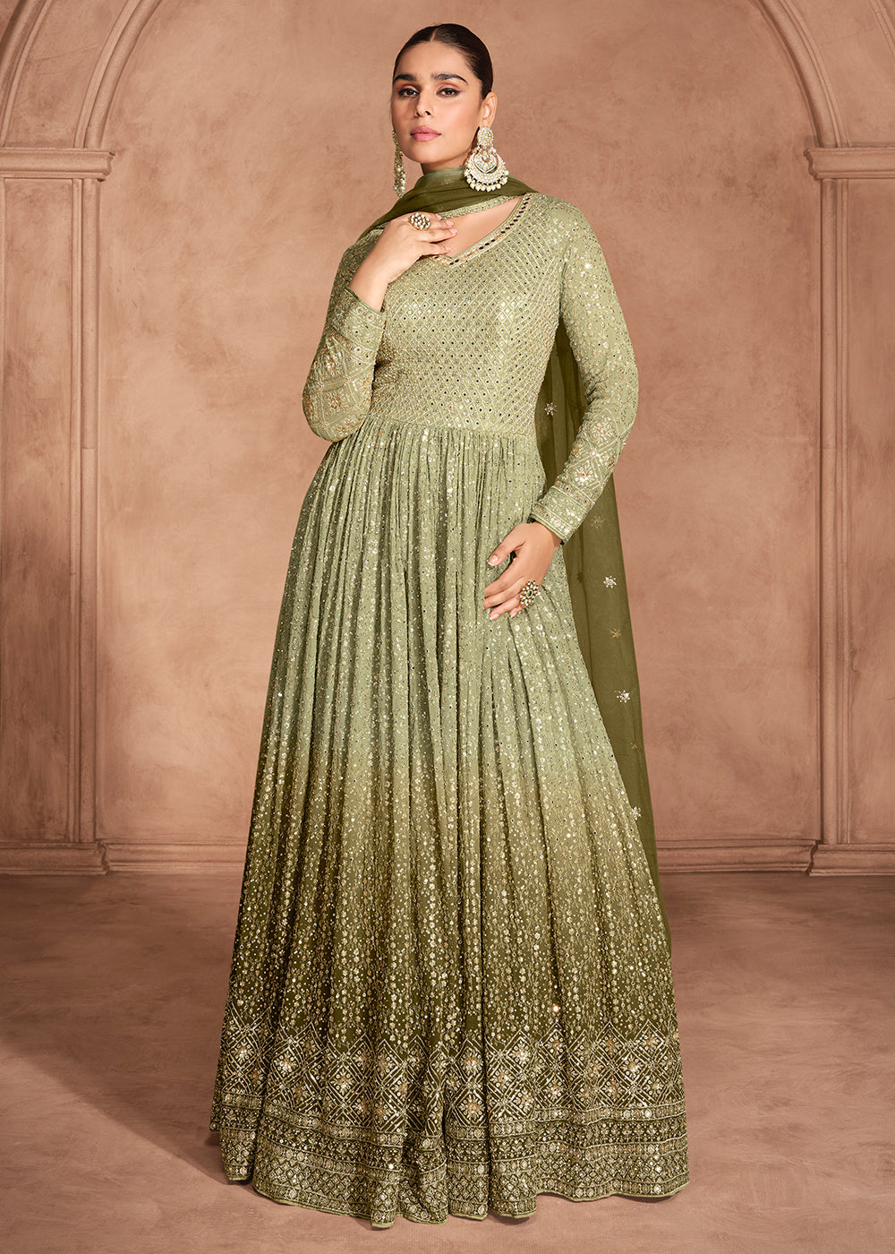 Stunning Shades of Green Anarkali Gown with Embroidery