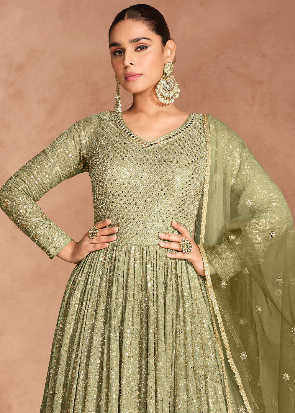 Stunning Shades of Green Anarkali Gown with Embroidery