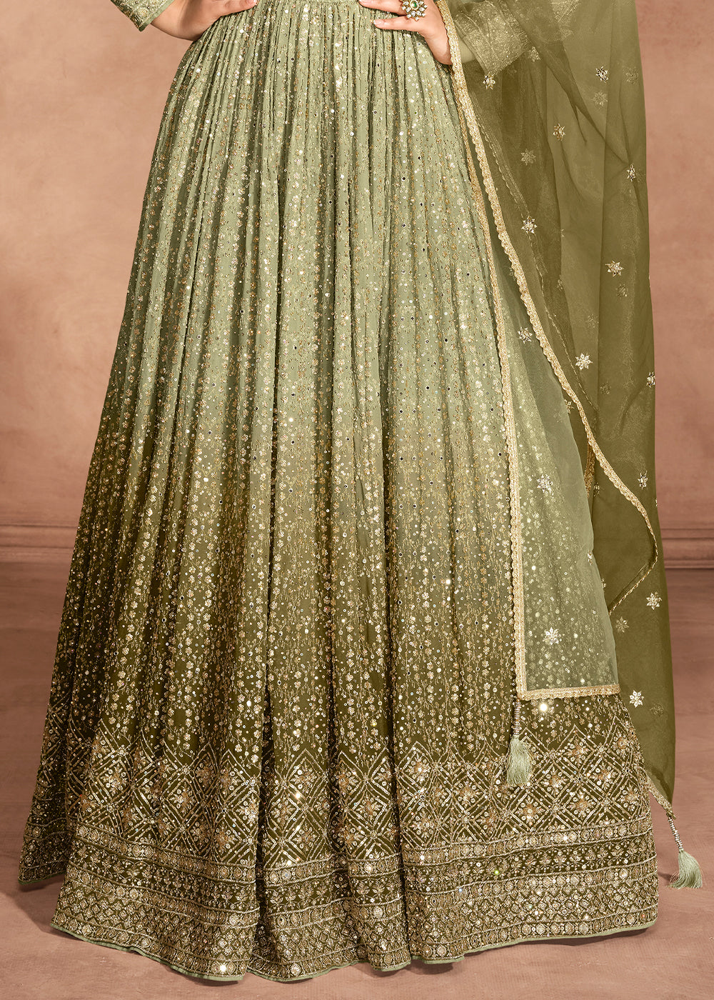 Stunning Shades of Green Anarkali Gown with Embroidery