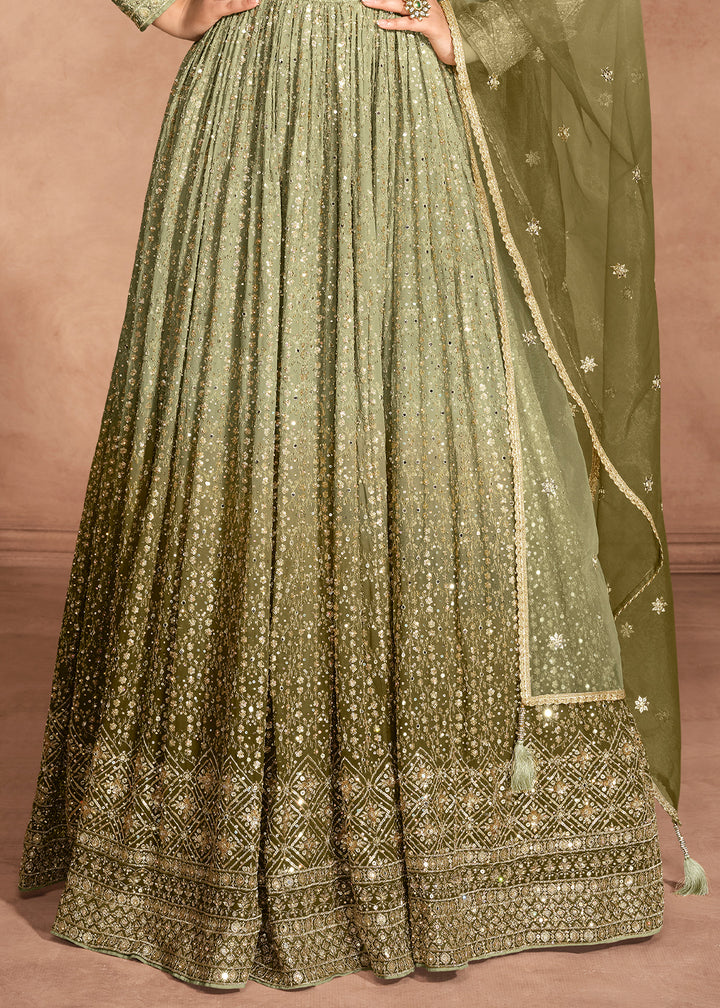 Stunning Shades of Green Anarkali Gown with Embroidery