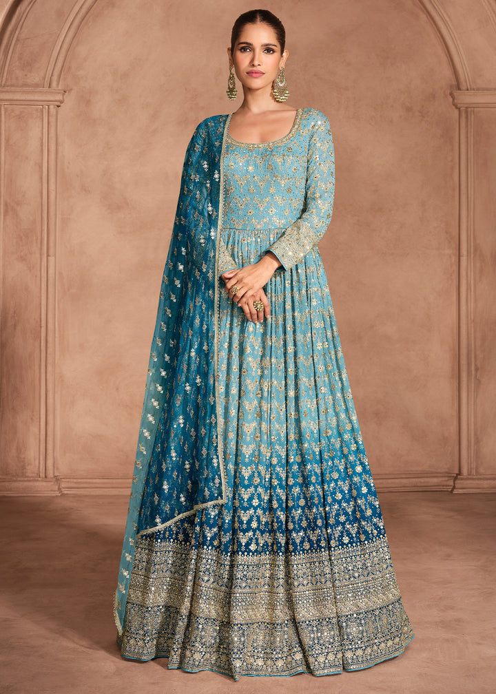 Stunning Shades of Blue Anarkali Gown with Embroidery