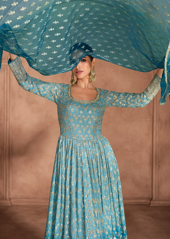 Stunning Shades of Blue Anarkali Gown with Embroidery