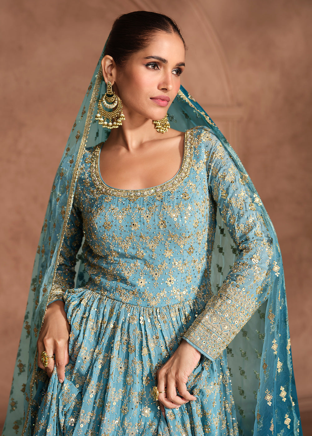 Stunning Shades of Blue Anarkali Gown with Embroidery