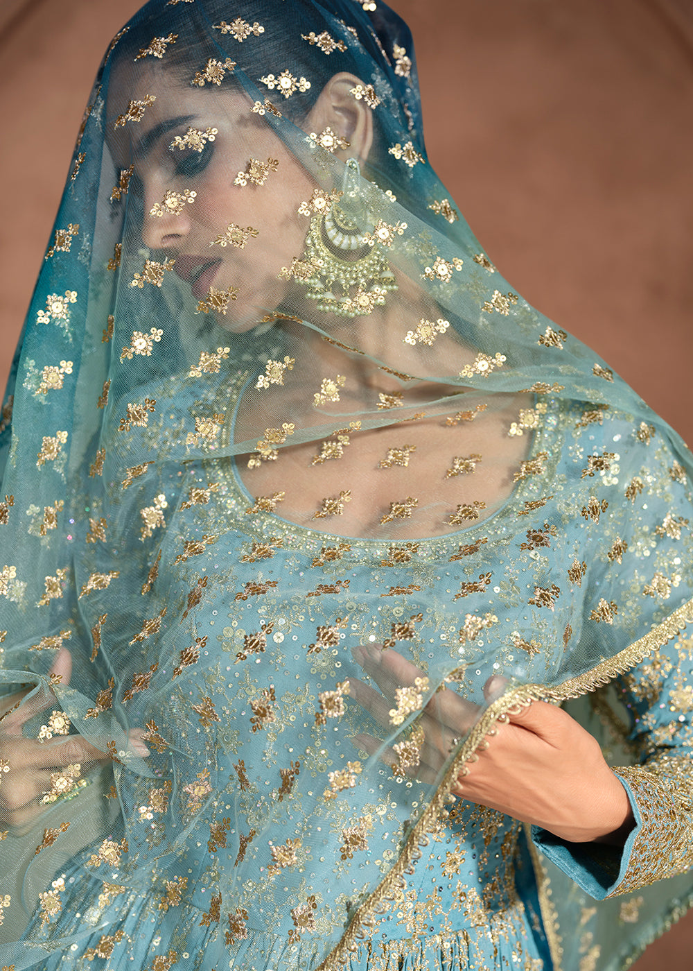 Stunning Shades of Blue Anarkali Gown with Embroidery