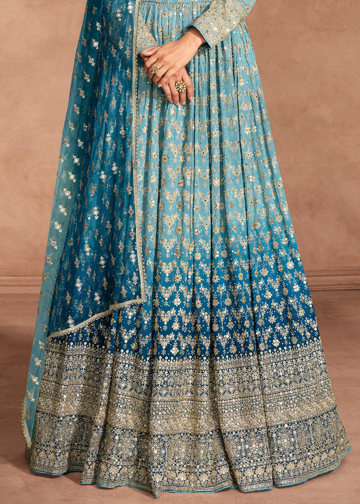 Stunning Shades of Blue Anarkali Gown with Embroidery