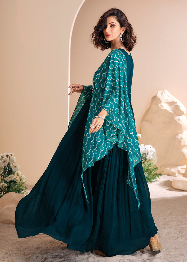 Space Blue Chinon Silk Gown with Hand Embroidery and Stylish Digital Sleeves