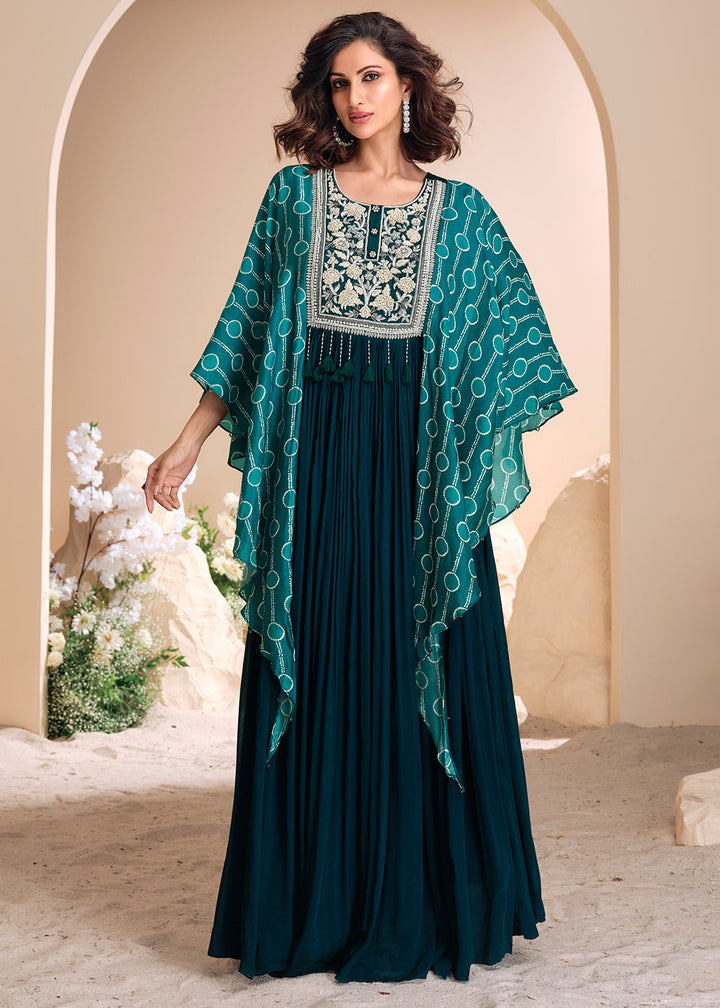 Space Blue Chinon Silk Gown with Hand Embroidery and Stylish Digital Sleeves