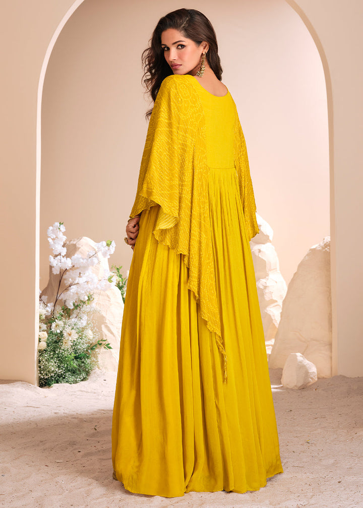 Aureolin Yellow Chinon Silk Gown with Hand Embroidery and Stylish Digital Sleeves